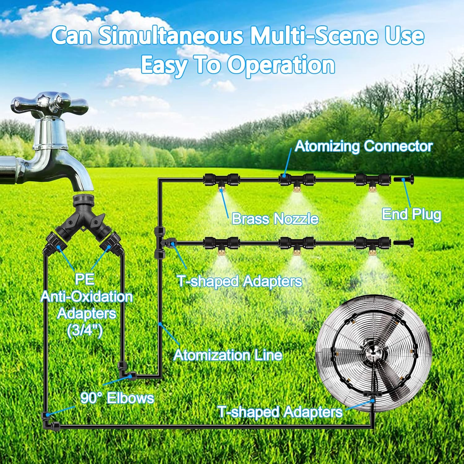 Misting Systems, Misters for Outside Patio, 100FT Misting Cooling System+30 Brass Mister System+2 PE Antioxidant Adapters 3/4"+2 Tee Adapters+2 90 Degree Elbows for Pasture, Garden, Greenhouse, Gazebo