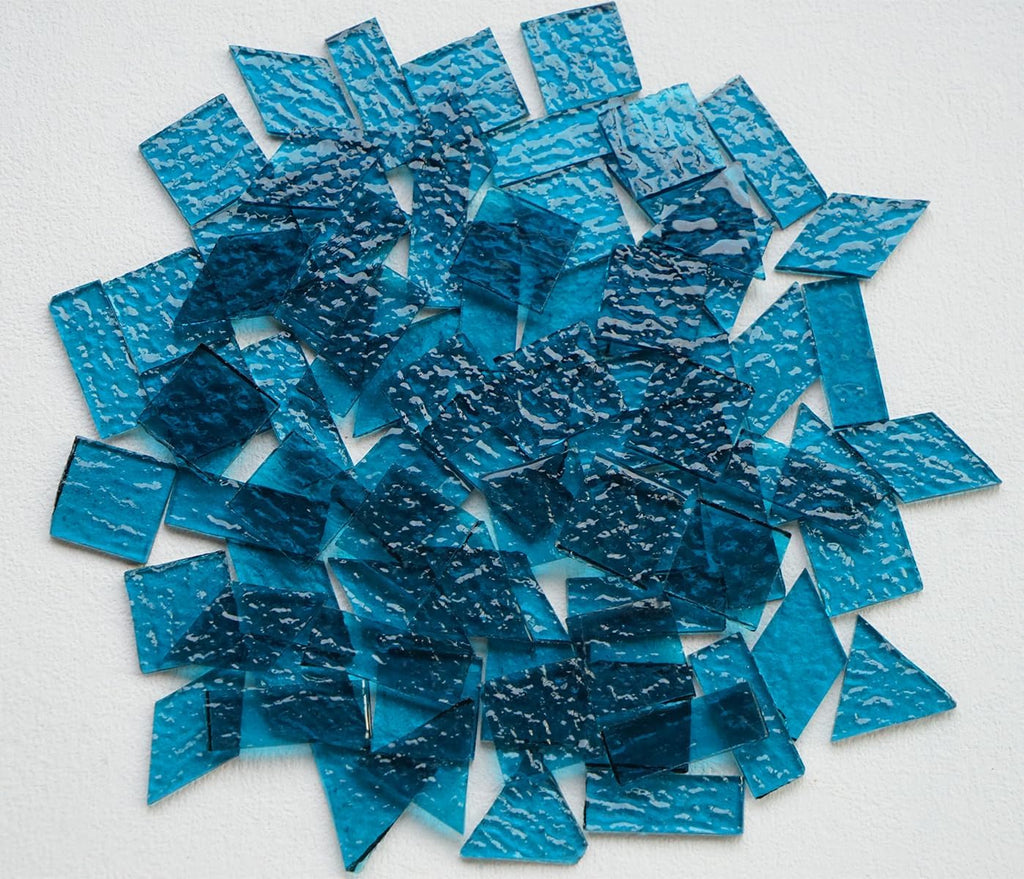 Large Size Textured Transparent Glass Mosaic Tiles, 200g Stained Glass Pieces for DIY Mosaic Crafts Bulk, 70pcs 4 Shapes Art Decor Mosaic Tiles, Turquoise Blue