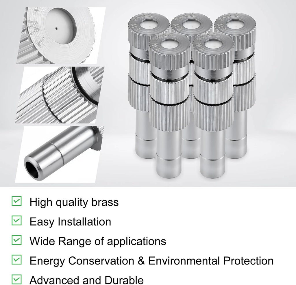 Mornajina 30 Pcs Brass Misting Nozzles Mister Replacement Nozzles with Filter Mesh & 1/4" Water Misting Nozzle Tees Kit, 0.012"/0.3mm Orifice Misting System Heads Sprayer for Outdoor Cooling System