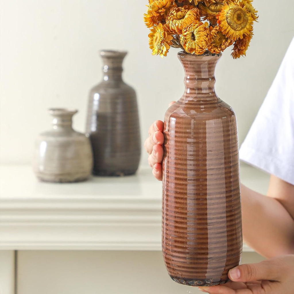 Ceramic Vases Set of 3, Neutral Rustic Farmhouse Vases Home Decor Decorative Flower Vase Modern Boho Pampass Vase for Table Mantel Entryway Shelf Living Room Kitchen Bathroom - Brown