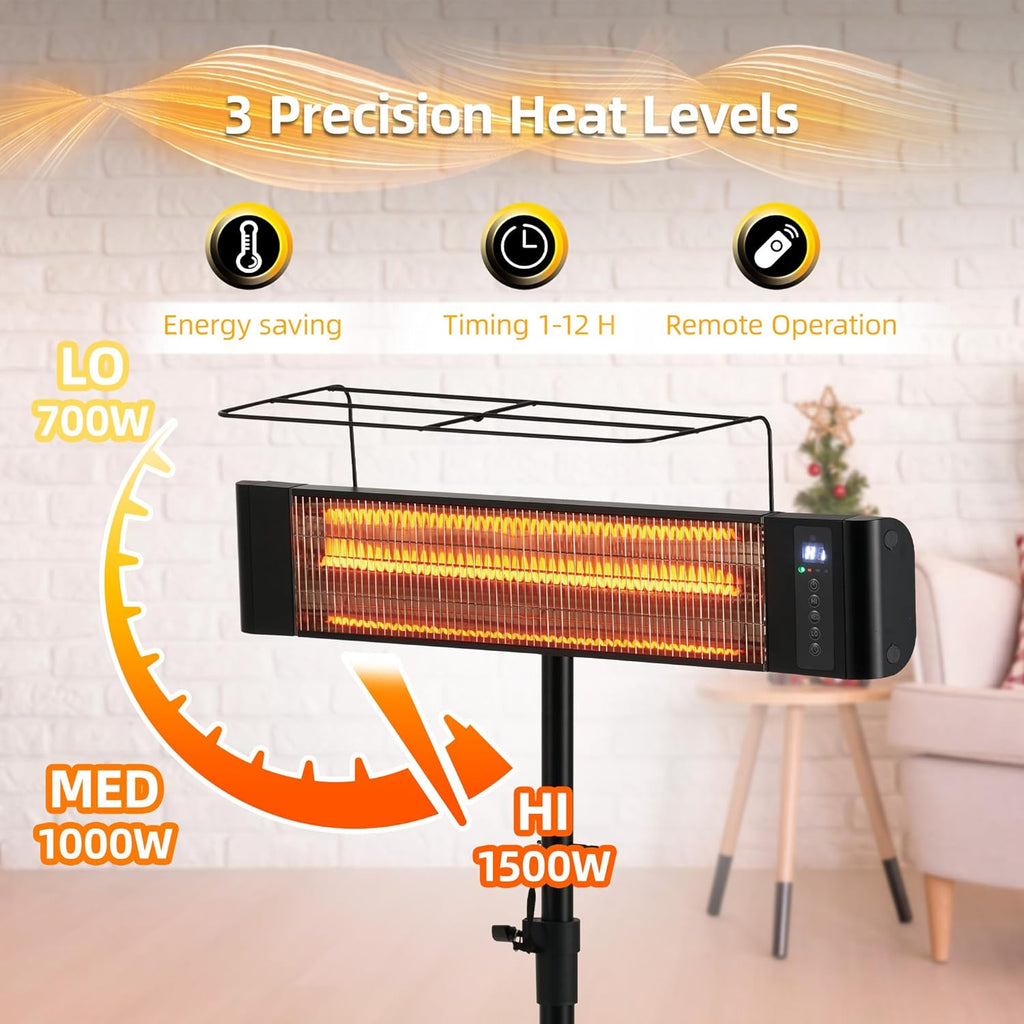 Outdoor Electric Heater RealSmart 1500W Portable Outdoor Patio Use 3 Heat Modes Wall Mounted Ceiling Tripod Heater Waterproof IP65 TUV Certification for Restaurant Garage