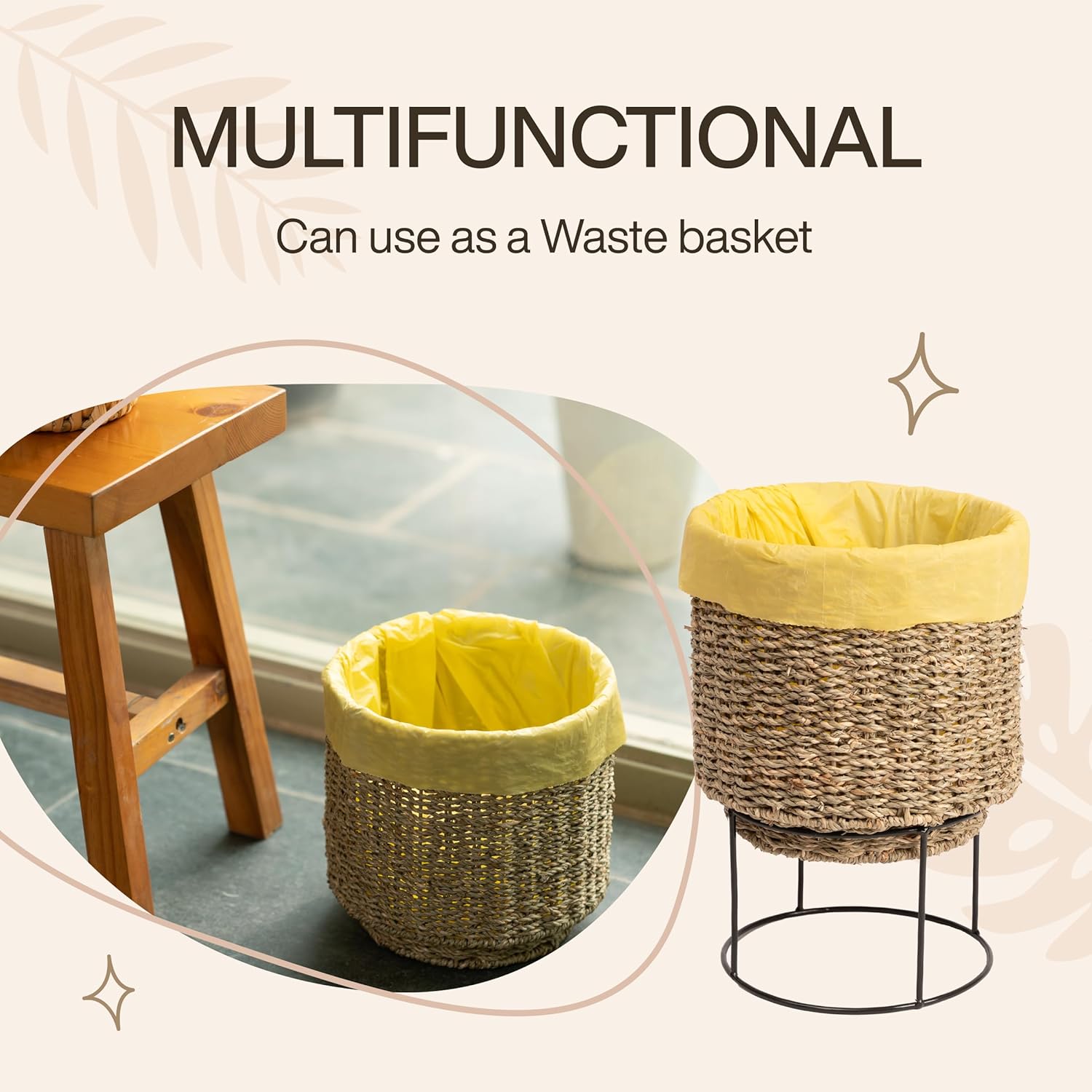 Set of 2 Water Hyacinth Planter Pot with Metal Stand - Indoor Plant, Flower, Succulent, Basket, Decorative Pot Cover (Seagrass)