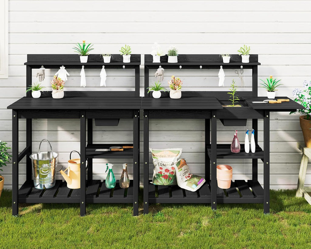 SERWALL Potting Bench Set of 2 Outdoor Potting Table with Sink, HDPE Potting Benches for Outside Gardening Table All Weather Use- Black