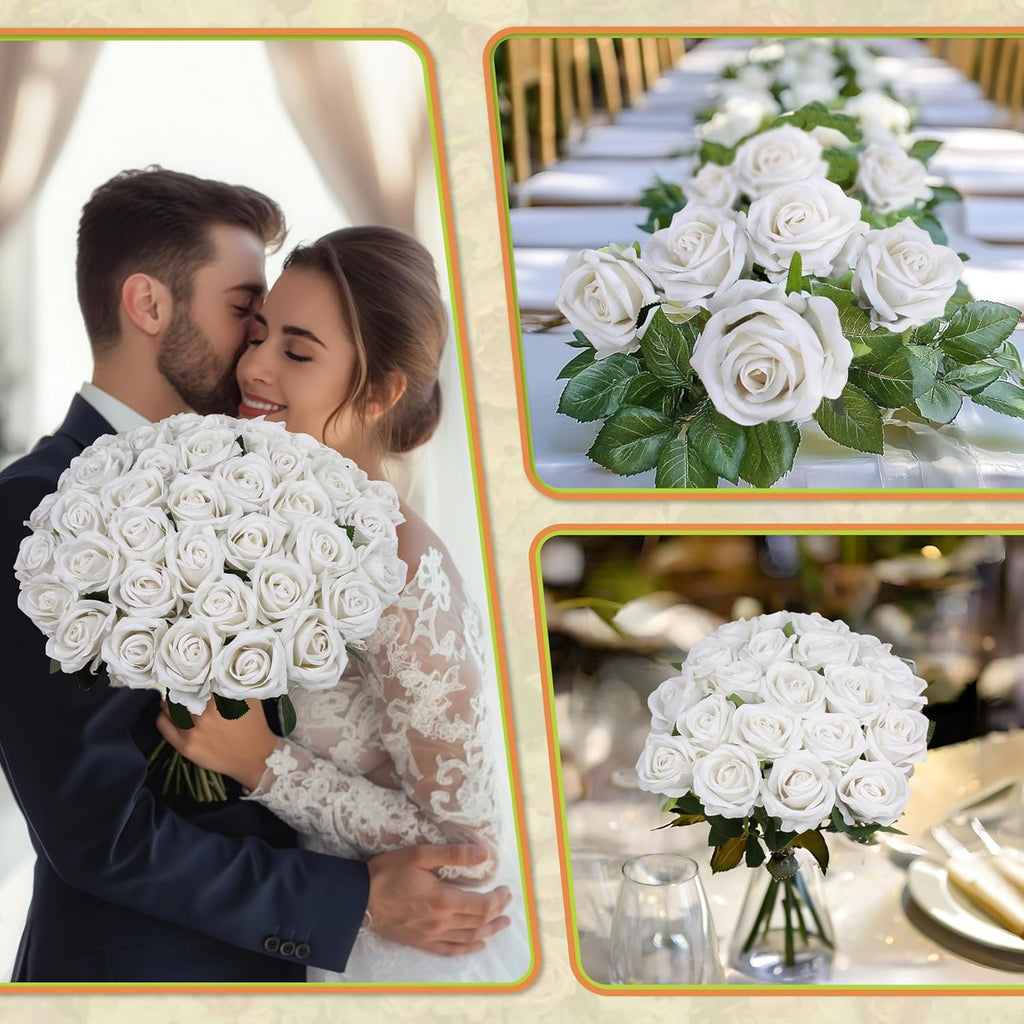 30 PCS Fake White Roses, Artificial White Flowers Bulk Realistic Silk Faux Roses with Stems for Wedding Decorations Table Centerpieces Bridal Bouquet DIY Floral Arrangement Event Party Home Decor