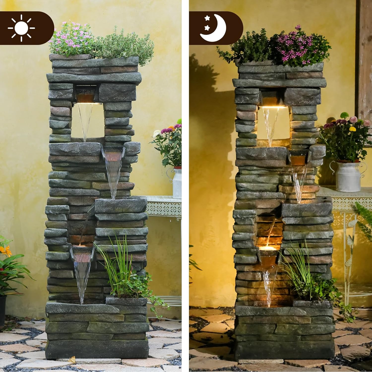 59 inches Outdoor Water Fountain Waterfall — Large Garden Rock Fountains 4-Tiered Waterfall Outdoor with Lights, Natural Stone Look Hollow Fountain for Patio Pool Porch Backyard, Stone Gray