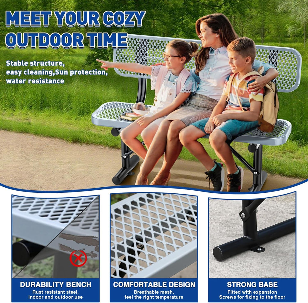 4 Feet Heavy Duty Park Bench with Back Portable Frame, Outdoor Steel Bench with Backrest, Expanded Metal Mesh Bench for Lawn, Park, Deck, Garden, Patio, Porch, Grey