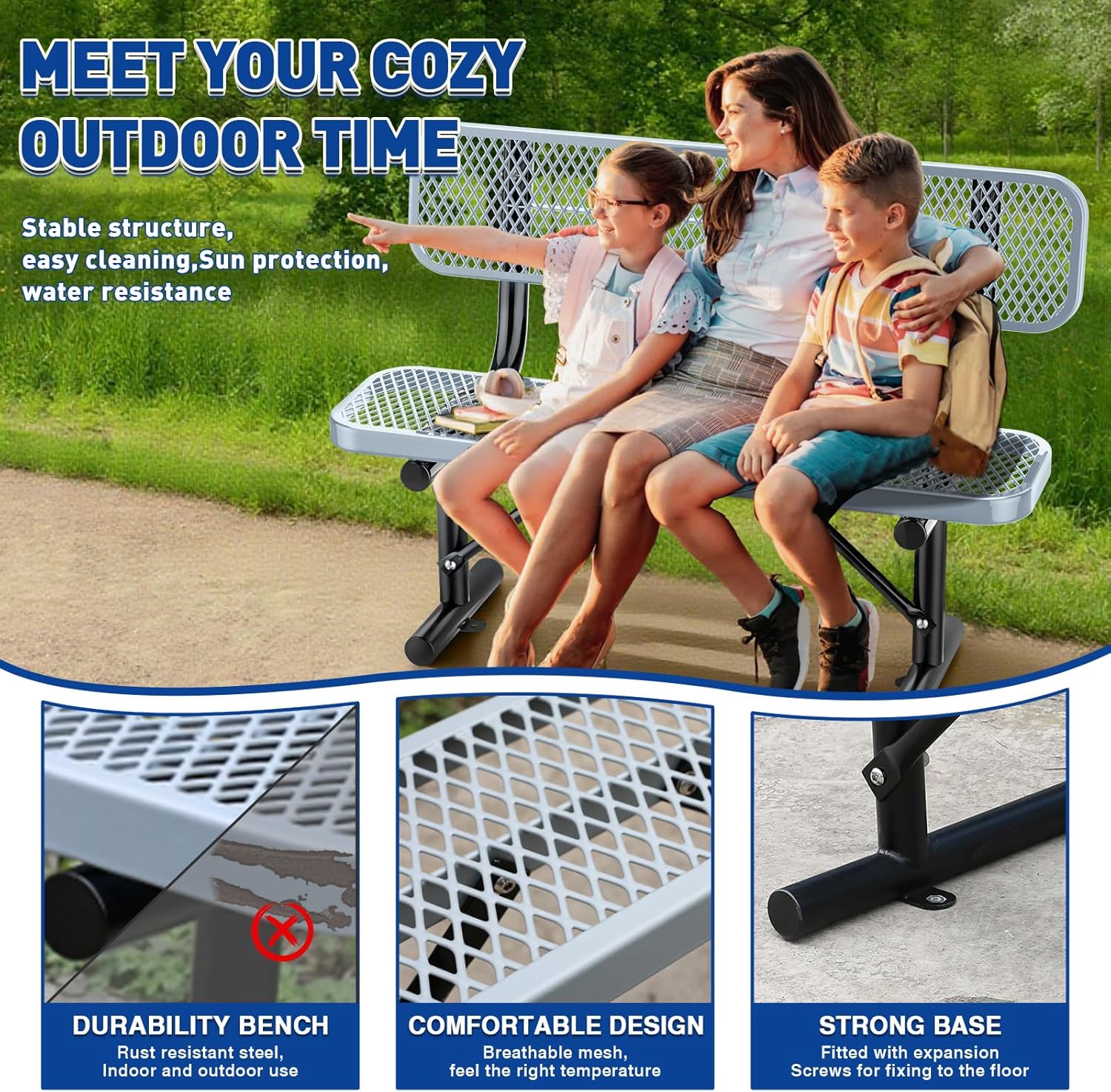 4 Feet Heavy Duty Park Bench with Back Portable Frame, Outdoor Steel Bench with Backrest, Expanded Metal Mesh Bench for Lawn, Park, Deck, Garden, Patio, Porch, Grey