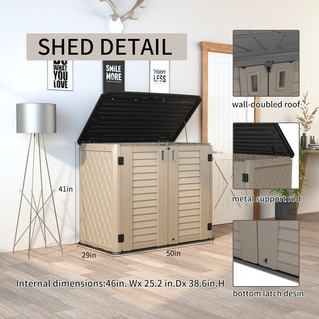 HOMSPARK Storage Shed Weather Resistance, Multi-Purpose Outdoor Storage Cabinet for Backyards and Patios, Horizontal Storage Shed for Lawnmower, Patio Accessories (Coffee, Large - 26 cu.ft)