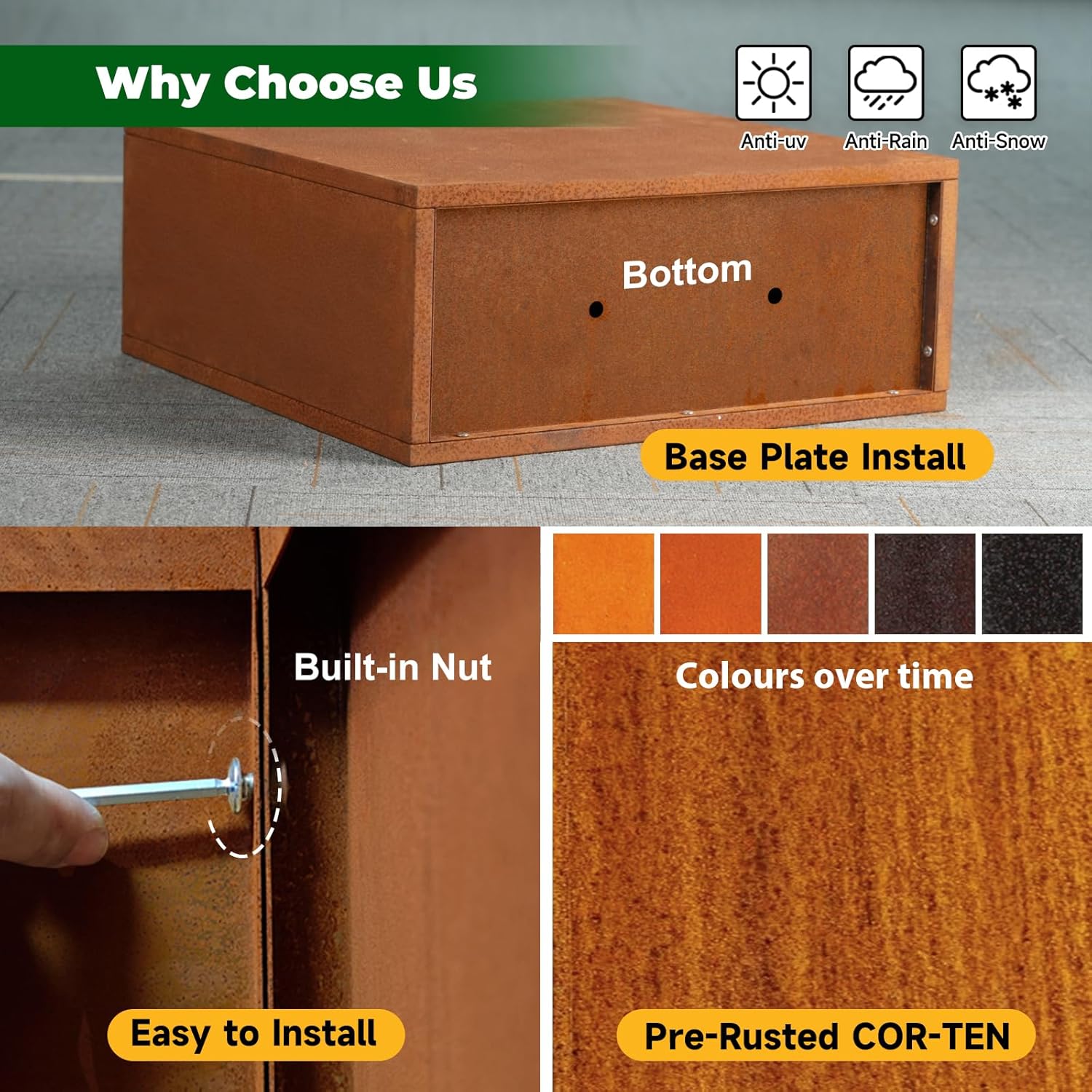 Galvanized Steel Metallic Heavy Planter for Outdoor Plants Metal Outdoor Planter Spliced Flower Box with Partitions for Outside,Indoor,Garden (Corten, 36 * 15 * 24)