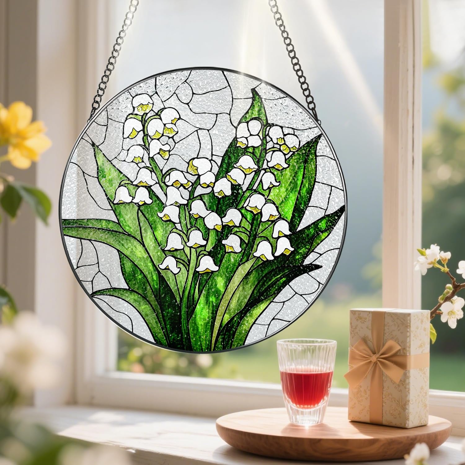 Lily of The Valley Flower Stained Glass Suncatcher, Stained Glass Window Hanging, 8 Inch Green Plants Suncatcher Decor, Gifts for Mother's Day, Mom Gift, Grandma Gift, Gifts Idea