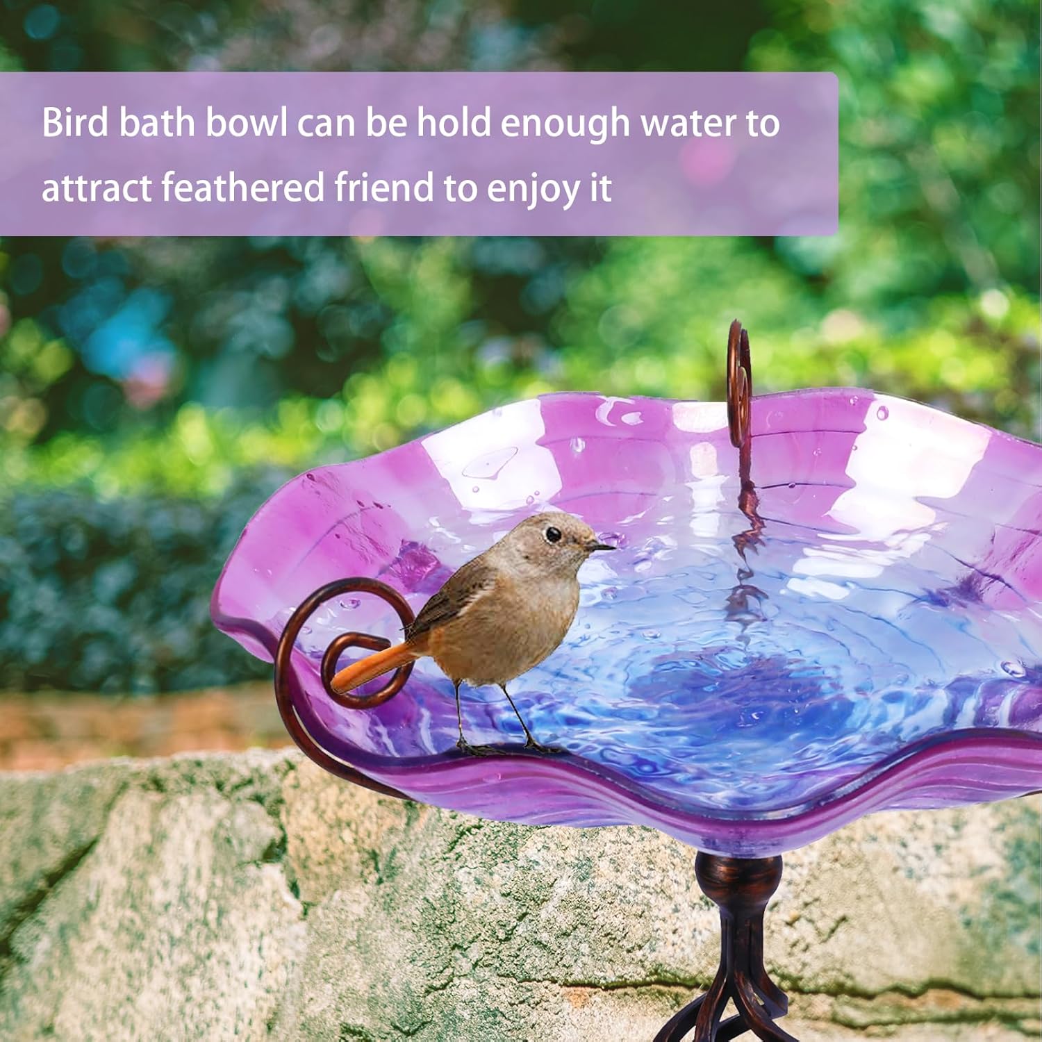 MUMTOP 31 Inch Height Glass Birdbaths, Outdoor Bird Bath Birdfeeder with Metal Stake Garden Yard Outside, Purple