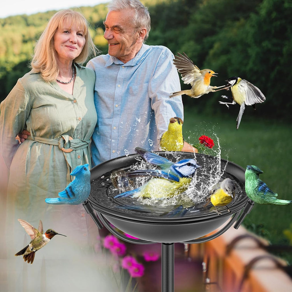 Outdoor 55In Metal Bird Bath for Outside, Cast Iron Tall Birdfeeder Birdbaths Bowl with 3 Resin Bird Statue Decorative, Bird Feeders for Outdoor Yard Lawn Patio Decor Black