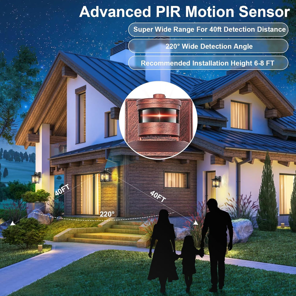 Dusk to Dawn Motion Sensor Outdoor Lights - Dark red Exterior Light Fixture Wall Mount for Outside House Porch Patio Garage - Yard Front Motion Detector Lantern - Waterproof Anti-Rust Lighting