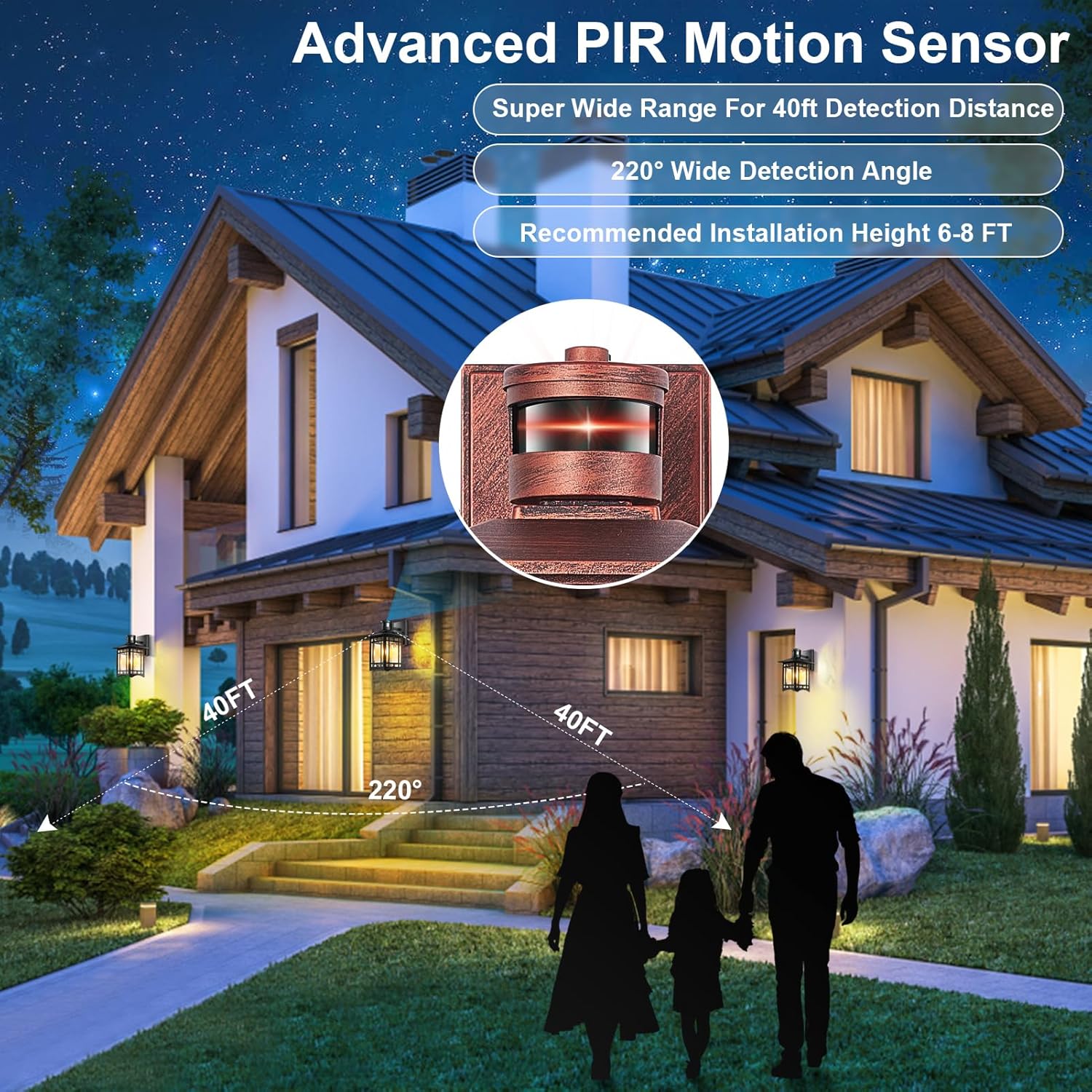 Dusk to Dawn Motion Sensor Outdoor Lights - Dark red Exterior Light Fixture Wall Mount for Outside House Porch Patio Garage - Yard Front Motion Detector Lantern - Waterproof Anti-Rust Lighting