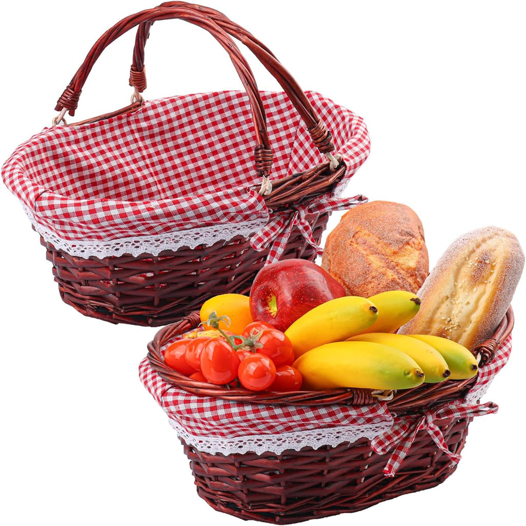 2 Pack 12.6 Inch Brown Wicker Basket with Checkered Lining, Oval Wicker Woven Basket with Handle, Willow Woven Picnic Baskets for Picnic, Camping, Party(Small)