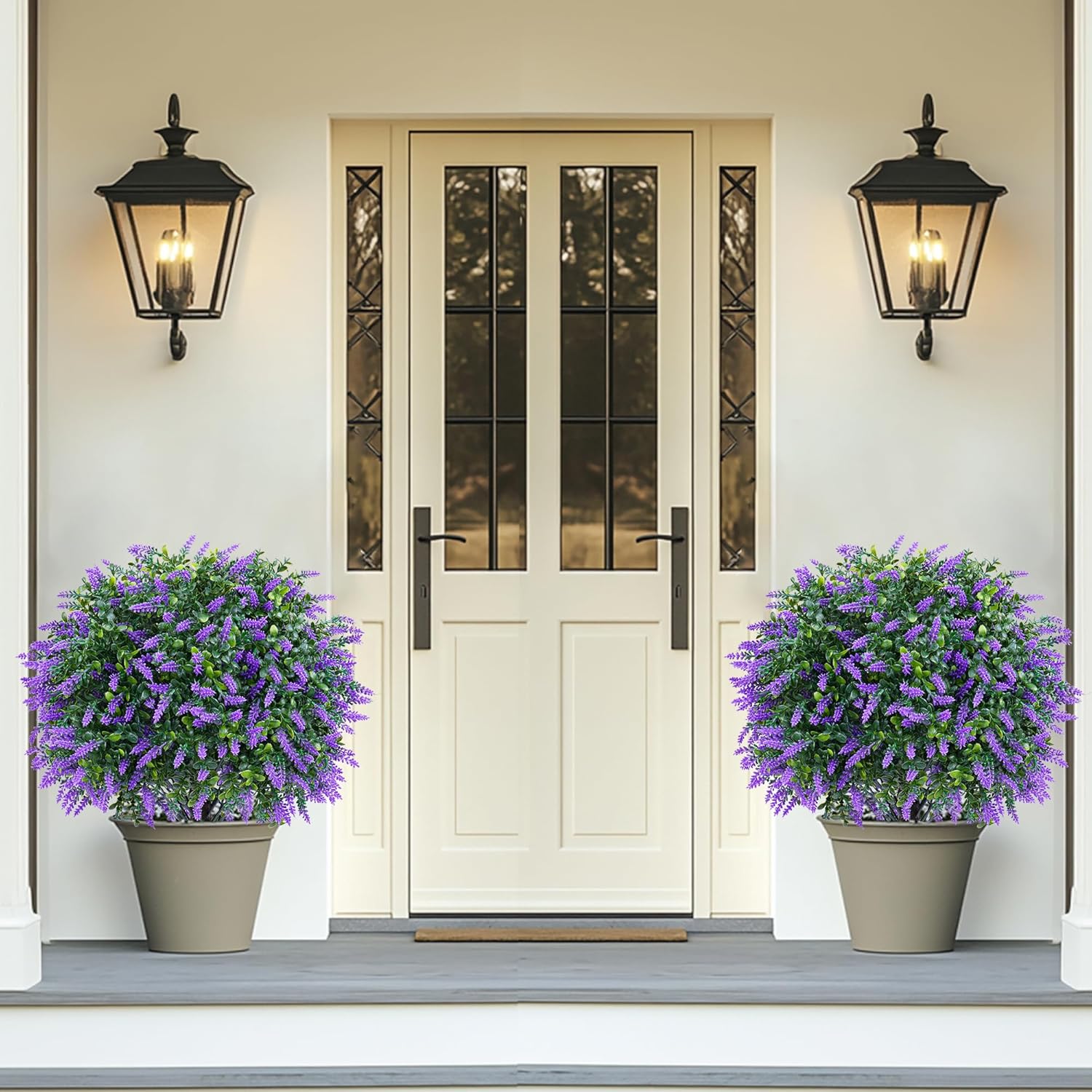 Artificial Boxwood Topiary Ball with Lavender, Set of 2 Artificial Shrub Bushes with Ground Spike, Fake Evergreen Tree for Porch, Artificial Plants for Outdoor Planters Indoor UV Resistant