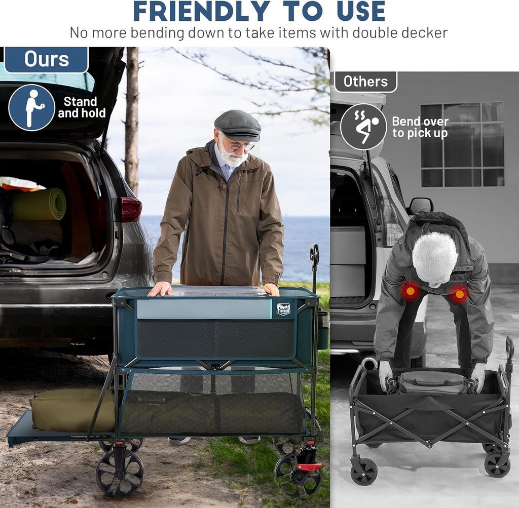 TIMBER RIDGE 400L Large Capacity Folding Double Decker Wagon with Brakes, 54" Extra Long Extender Wagon Cart, 660lbs Heavy Duty Collapsible Cart, All-Terrain Big Wheels for Camping, Sports, Shopping