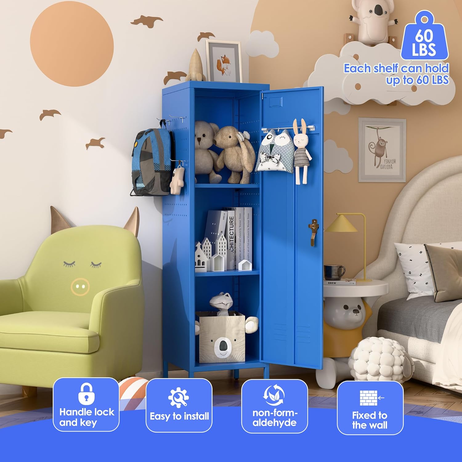 METAN Metal Storage Lockers with Handle Lock and 2 Adjustable Shelves,Office Storage Locker with Pegboards and Hooks,Assembly Required,Blue