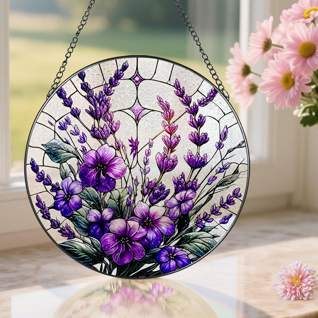 Bauhinia&Violets Flower Stained Glass Suncatcher, Stained Glass Window Hanging, 8 Inch Window Hanging Decor, Christmas, Mother's Day, Birthday Gifts for Mom, Grandma, Women, Wife, Lovers