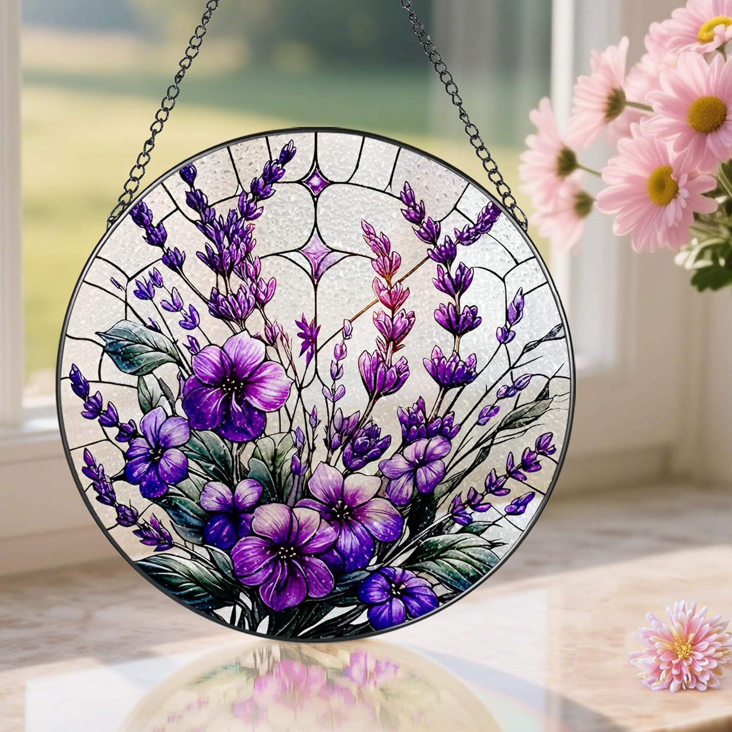 Bauhinia&Violets Flower Stained Glass Suncatcher, Stained Glass Window Hanging, 8 Inch Window Hanging Decor, Christmas, Mother's Day, Birthday Gifts for Mom, Grandma, Women, Wife, Lovers