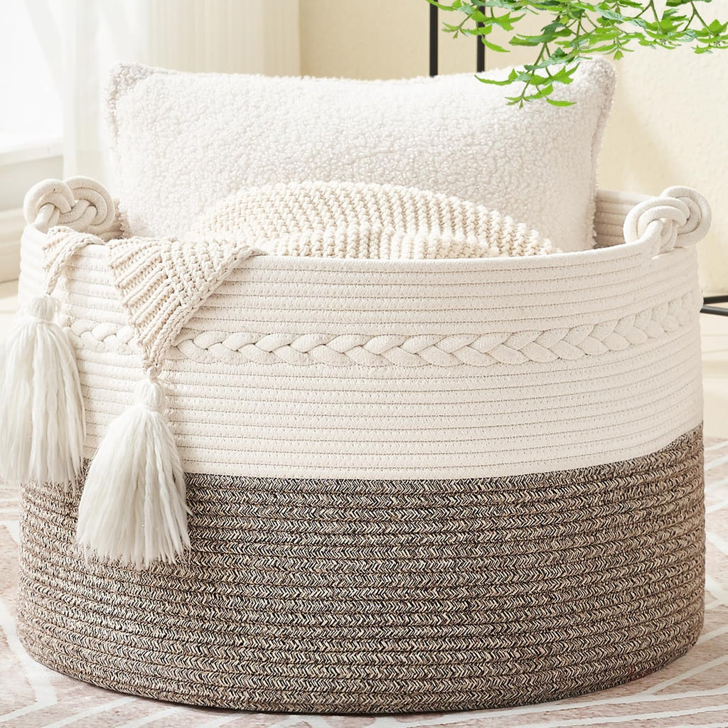 KAKAMAY Large Blanket Basket (20"x13"),Woven Baskets for storage Baby Laundry Hamper, Cotton Rope Blanket Basket for Living Room, Laundry, Nursery, Pillows, Baby Toy chest (White/Beige)
