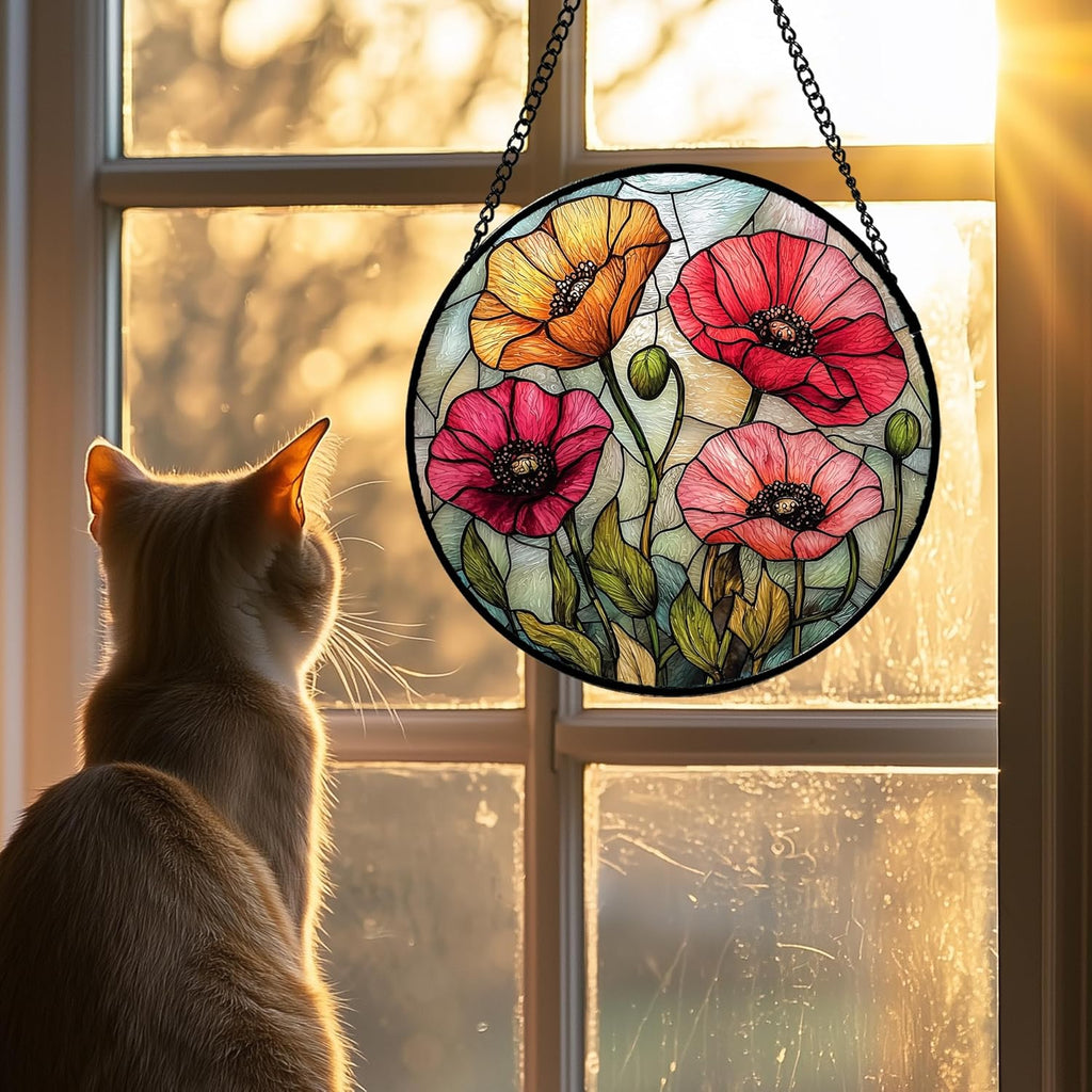 Stained Glass Window Hanging, Red Orange Poppy Birth Flowers Sun Catcher for Door Garden Yard Decor Wildflowers Suncatcher Christmas Mother Birthday Gifts for Women Men Mom Nana 15 in
