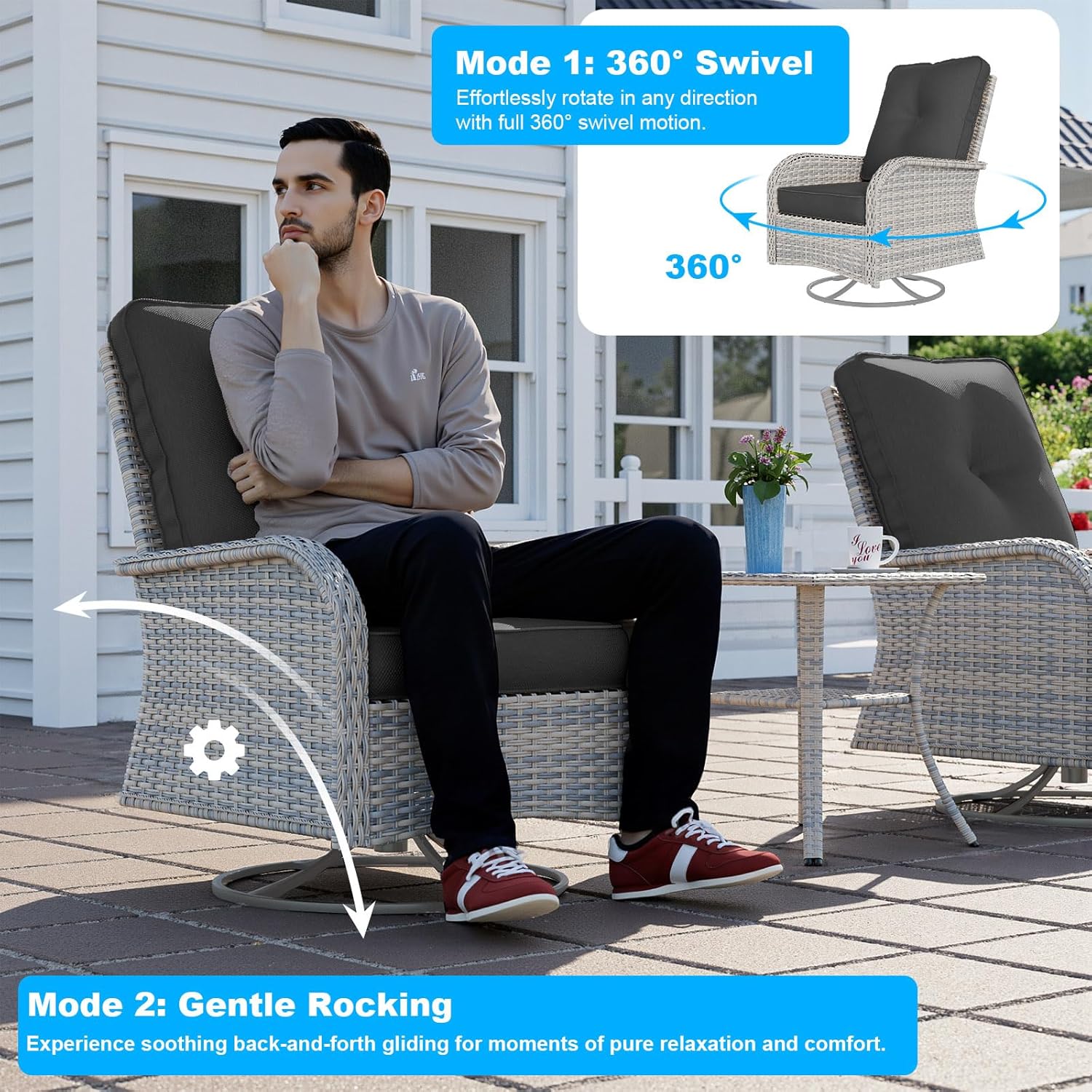 10-Piece Patio Furniture Set, Outdoor Patio Furniture with Swivel Chairs Set, Thick Cushions, Modular Patio Sofa, Dual-Strand Wicker Rattan, Rust-Resistant Frame, Black