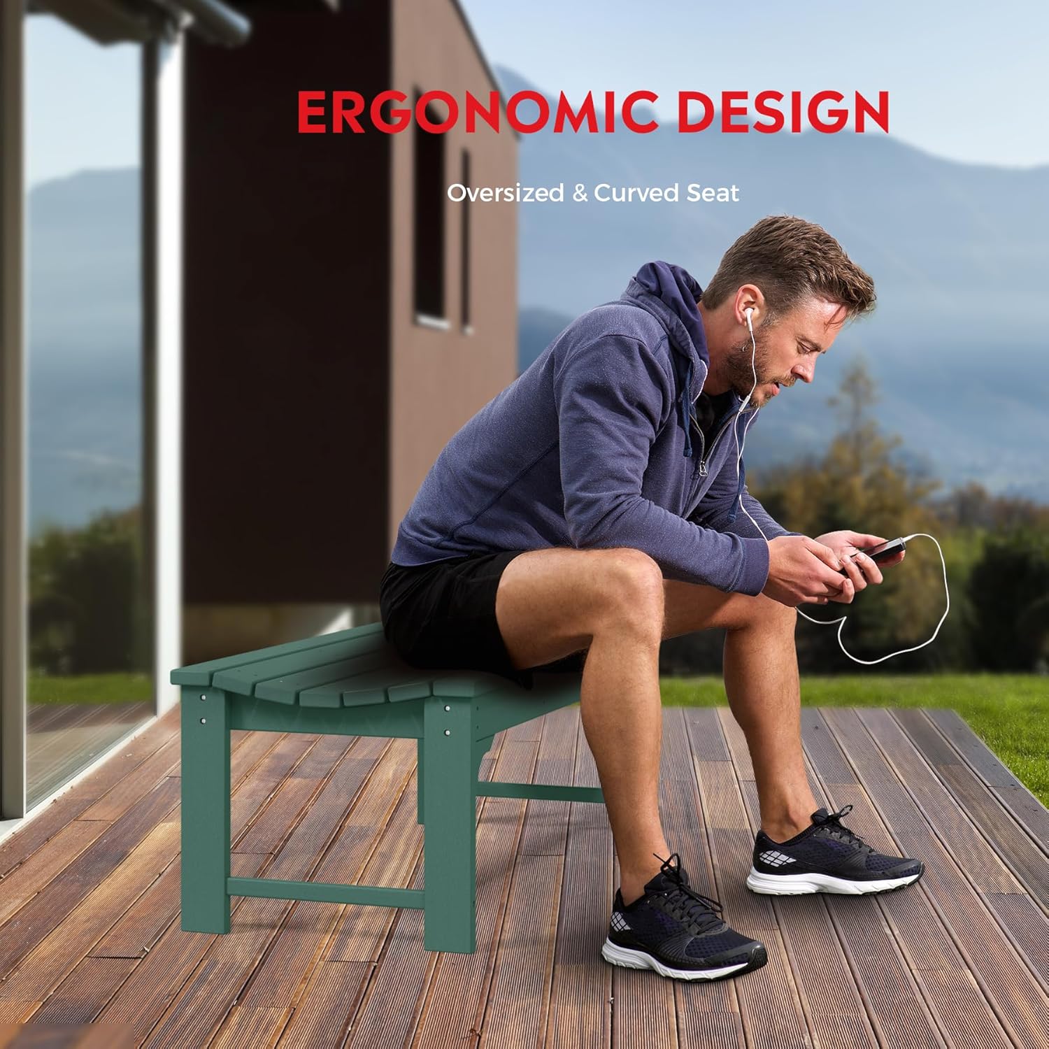 Outdoor Benches Weatherproof, All Weather Resistant Park Bench Poly Lumber Backless Garden Bench Seat for Entryway Front Porch, Dark Green