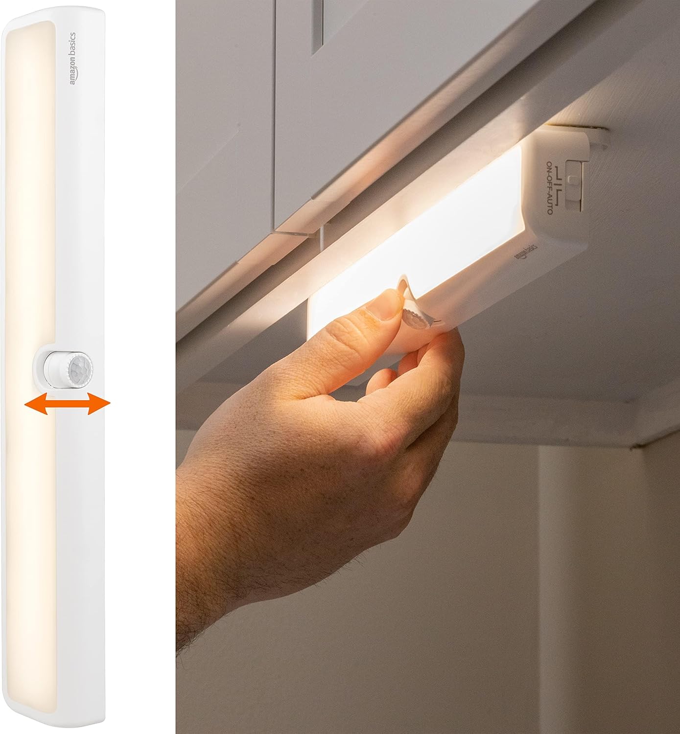 Amazon Basics LED USB/Battery Operated Light Bar, Swivel Motion Sensor, Stick on Lights, 250 Lumens, 12 Inches, Under Cabinet Lighting, Closet, Kitchen, 2 Pack, White