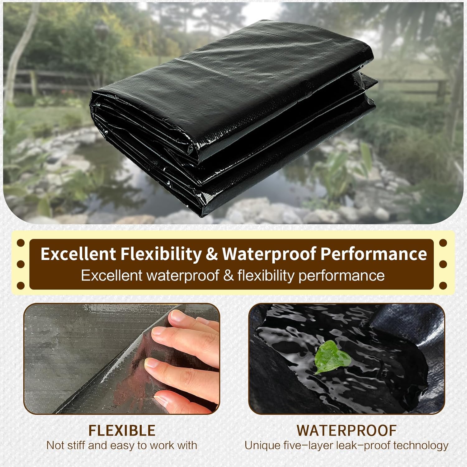 yeezoo 25x30FT Reinforced Large PE Pond Liner, KOI Pond Liners for Outdoor Ponds, Enhanced 5-Layer Structure Pond Liner for Fish, Duck, Garden Raised Bed and Waterscape Pond(0.63oz/sq ft Thickness)