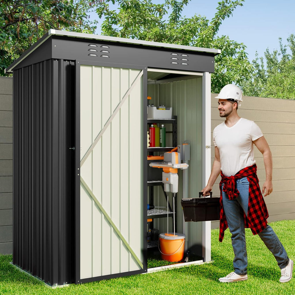 Gizoon 5 'x 3'Outdoor Storage Shed with Singe Lockable Door,Galvanized Metal Shed with Air Vent Suitable for The Garden,Tiny House Storage Sheds Outdoor for Backyard Patio Lawn-Dark Gray