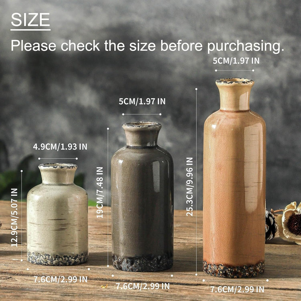Ceramic Vase Set of 3, Neutral Flower Vases Home Decor, Pottery Rustic Farmhouse Decorative Vases Modern Decor for Table Mantel Entryway Bookshelf Living Room Kitchen Bedroom - Brown