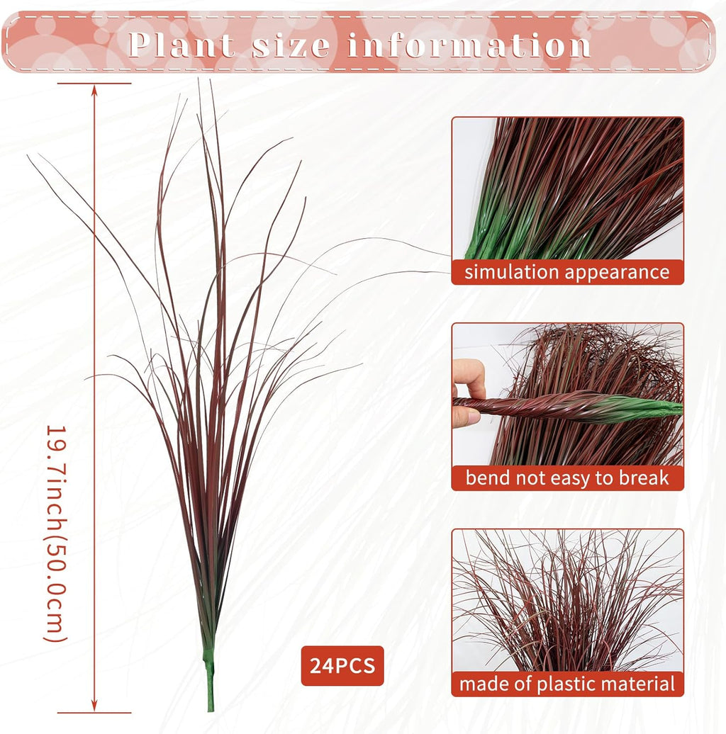 24Pcs Artificial Grass Plants, Faux Shrubs Wheat Grass, Artificial Tall Grasses Fake Plants for Outdoor Decor,Artificial Greenery Stems Weed for Room Indoor Home Decor（Red）