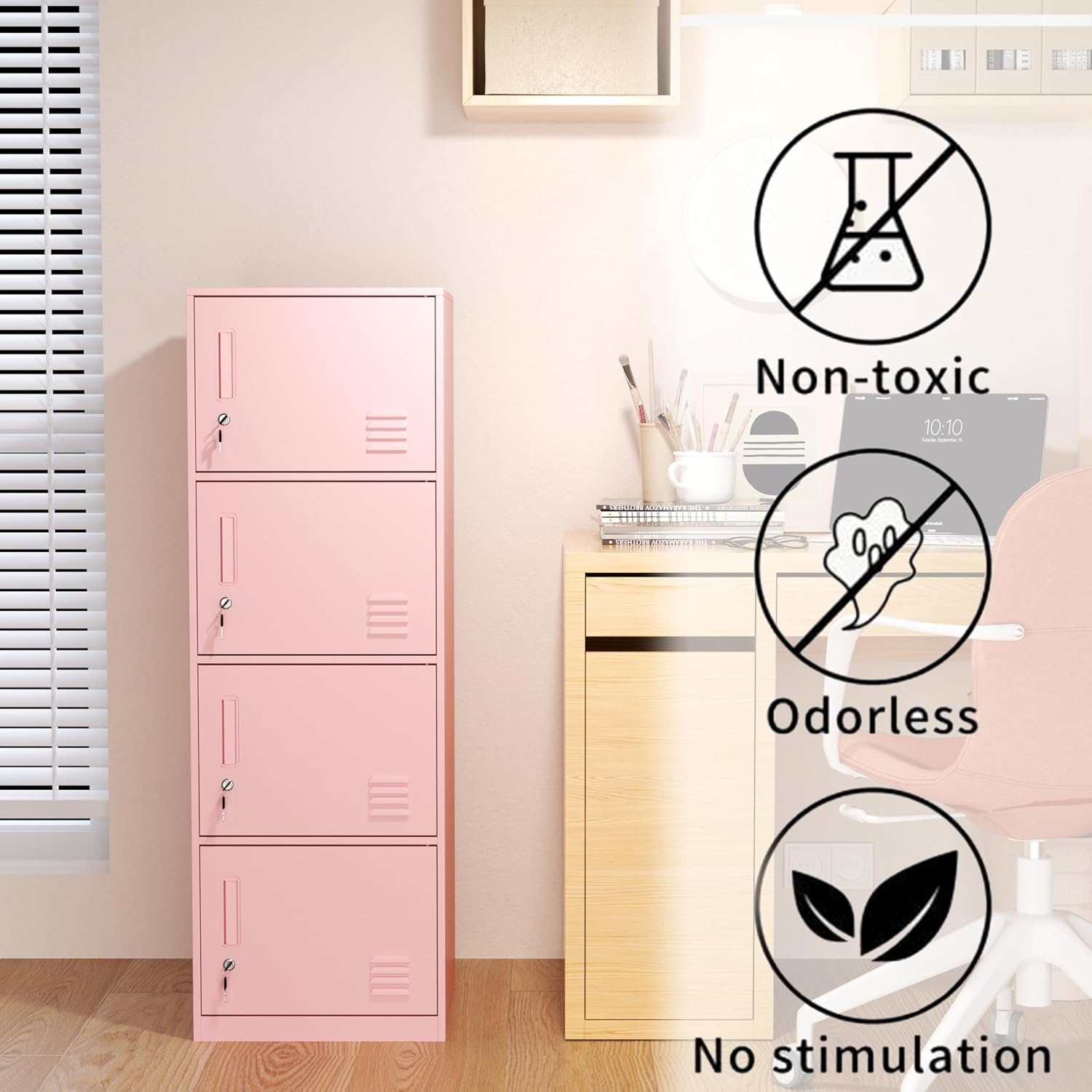 4 Door Metal Storage Locker Cabinet for Office, Home, Gym, School, Steel Cabinet to Storage File, Toys, Shoes and Sports Equipment, Locker Organizer for Gym Office Bedroom (4 Door, Pink)