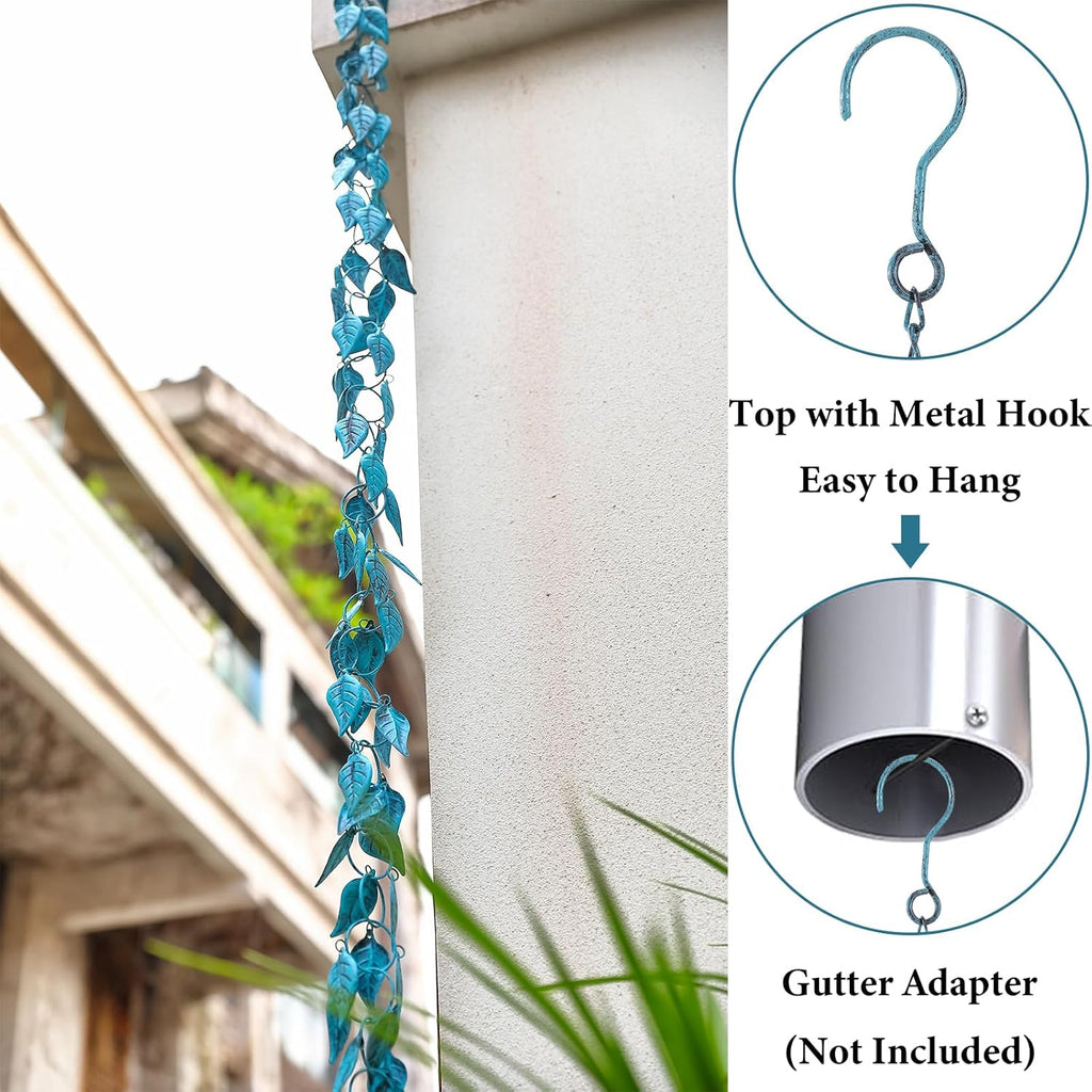 Leaves Rain Chain, 8.5 Ft Rain Chains for Gutters and Downspouts, Decorative Gutter Chain Downspout, Metal Leaf Rain Catcher Chain for Outside, Antique Blue Rainchain, Outdoor Garden Decor
