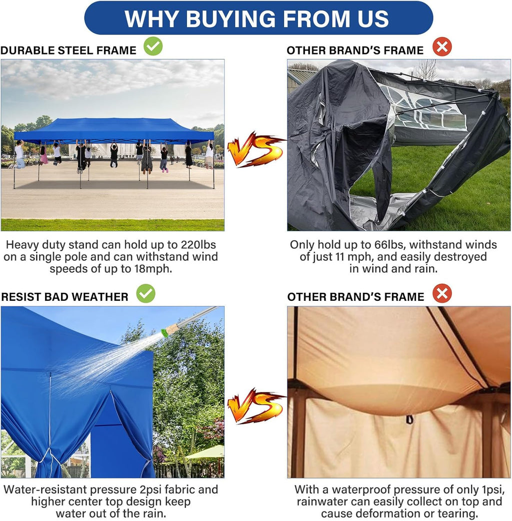 COBIZI 10x30 Pop up Canopy Heavy Duty with 8 Sidewalls, Easy Set-up Commercial Outdoor Party, 100% Waterproof Wedding Canopy Gazebo, 3 Height Adjustable with Wheeled Bag, Blue