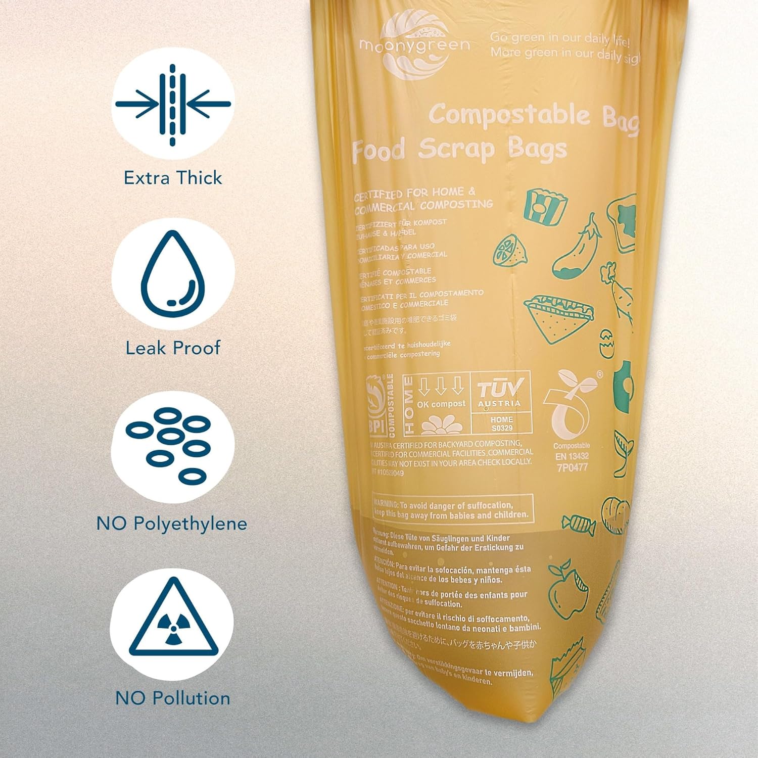 Compost Bags Small Trash Bags 2.6 Gallon, Extra Thick, US BPI ASTM D6400 Certified Compostable Food Scrap Kitchen Waste Bags, 100 Count