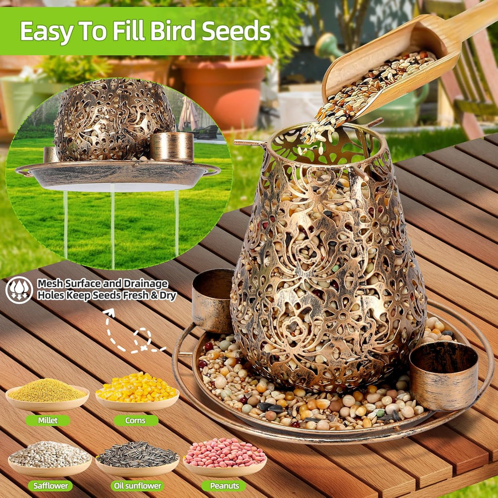 Mushroom Solar Bird Feeders for Outdoors Hanging Metal Wild Bird Feeder Garden Lantern with S Hook for Garden Decoration Brown