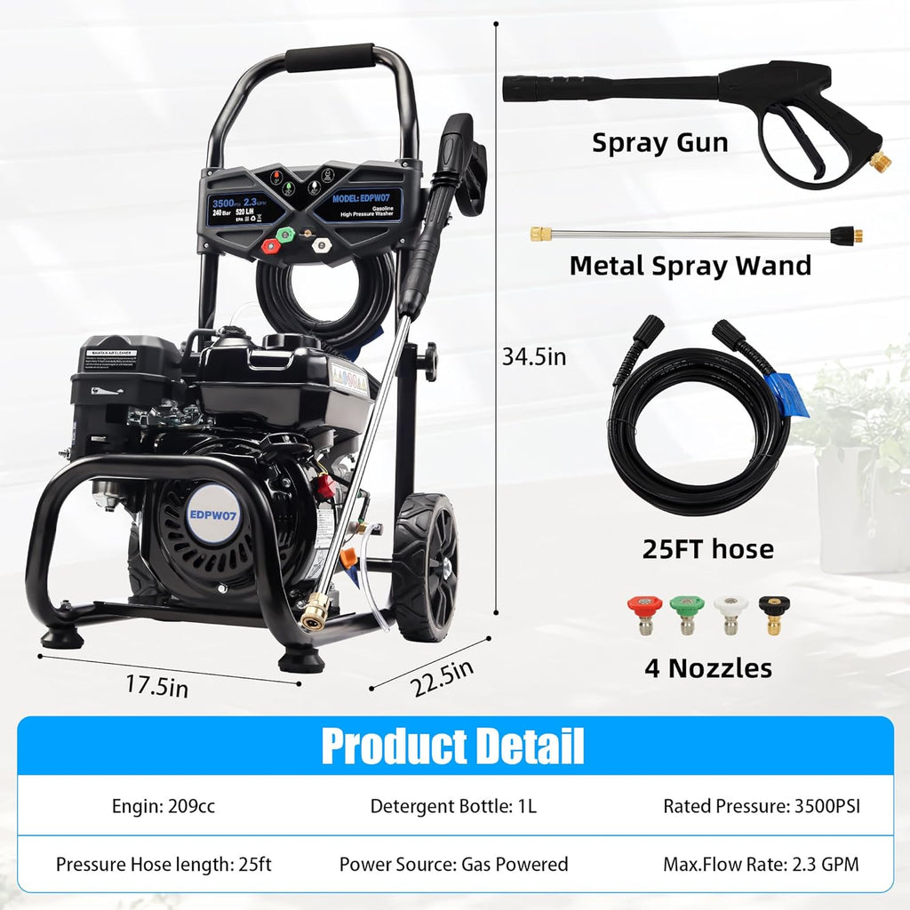 3500 PSI Gas Pressure Washer, 2.3 GPM Heavy-Duty High-Power Cleaner with 209CC 7HP Engine, 25Ft Hose, Axial Aluminum Pump, Soap Tank & 4 Quick-Connect Adjustable Nozzles (Black)