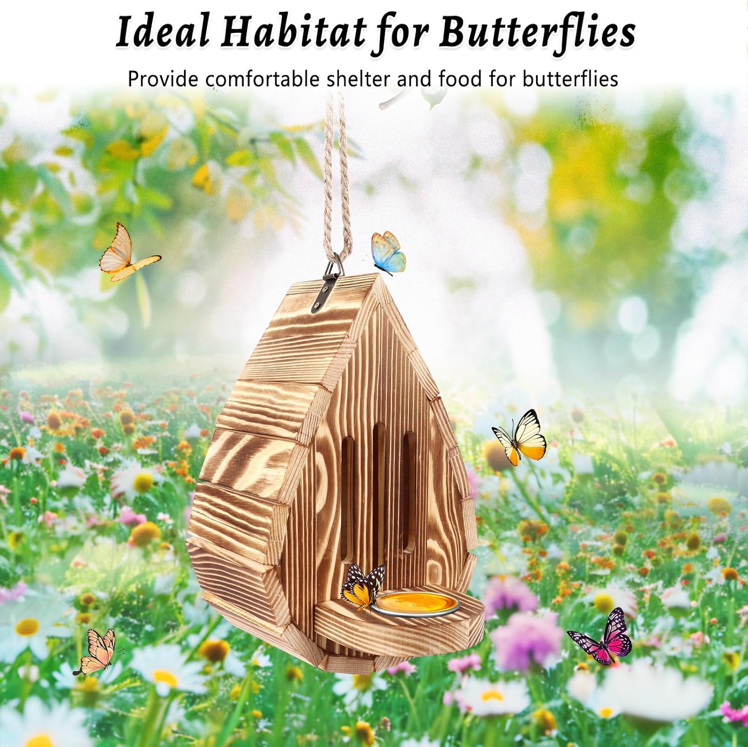 Wooden Butterfly House and Feeder, Hanging Butterfly House for Garden, Natural Butterfly Habitat with Butterfly Puddler for Outside Butterflies, Moths - Backdoor, Easy to Clean
