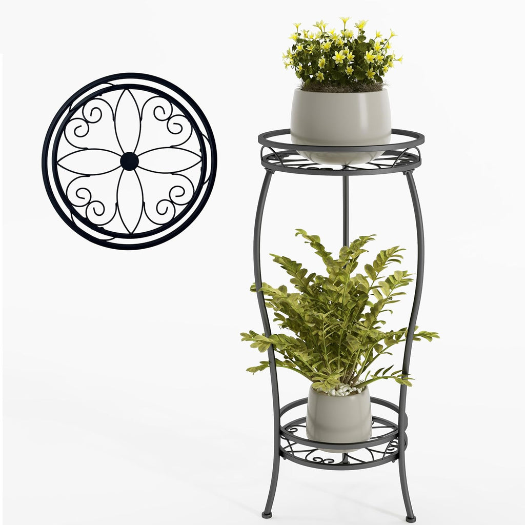 Plant Stand Indoor Outdoor 2 Tier 27.1 inch Tall Black Metal Rustproof Stable Plant Stands Multiple Plant Round Supports Rack for Planter Corner Garden Balcony Patio