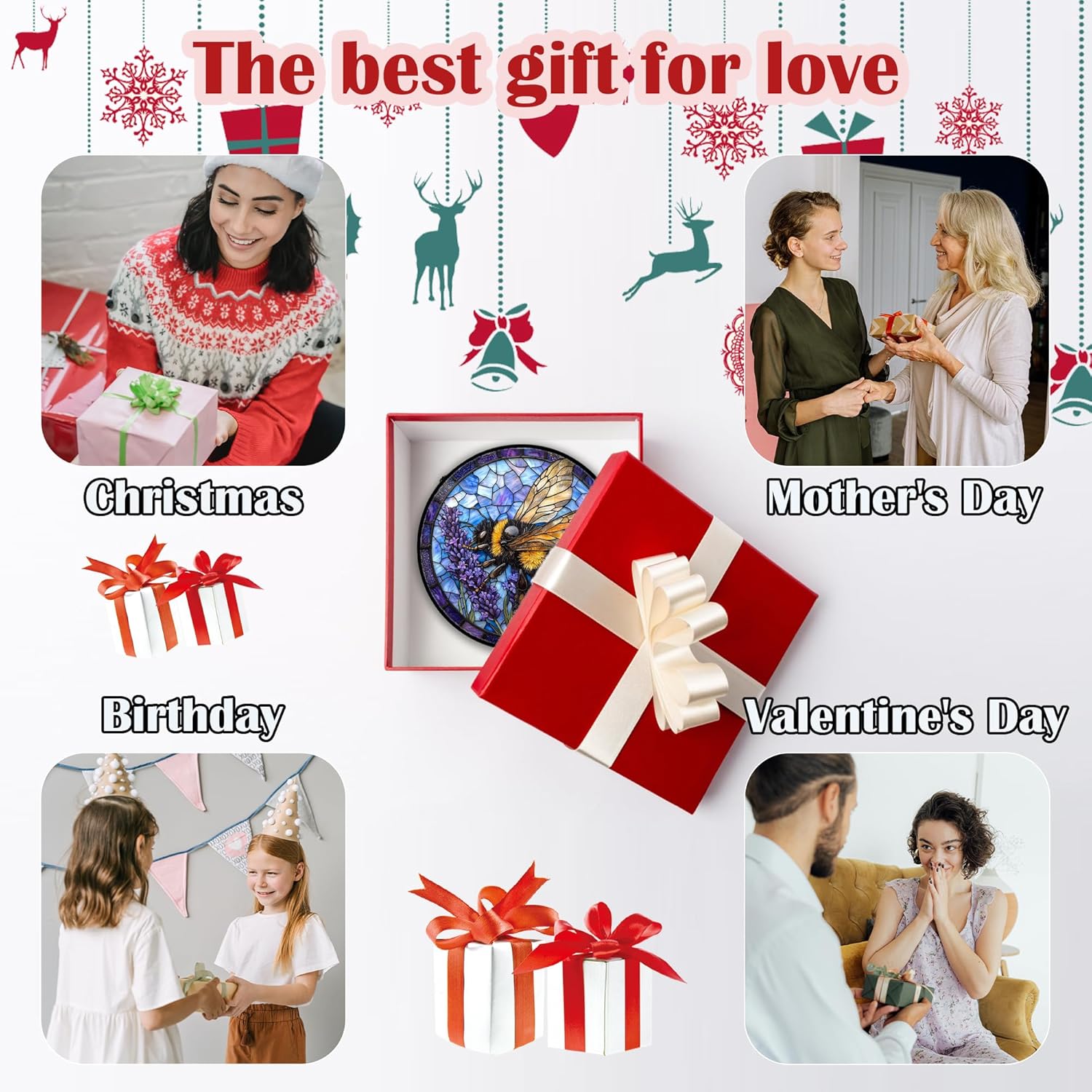 Stained Glass Window Hanging, Bee Lavender Sun Catchers Diamond Glass Panel Hangings Insect Suncatcher Decor for Birthday for Women, Men, Wife, Aunt, and Mom7.8 in