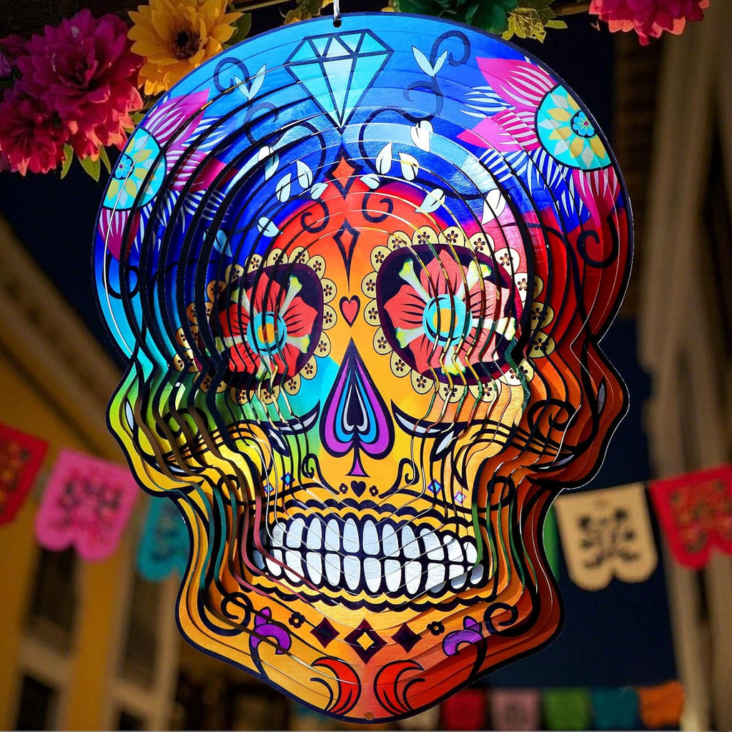 Goolyrusim Metal Wind Spinner - Sugar Skull Wind Spinners, Kinetic Hanging Wind Sculpture 3D Skeleton Wind Catcher for Yard and Garden Decoration Outdoor Decor, Unique Gifts for Halloween, Christmas