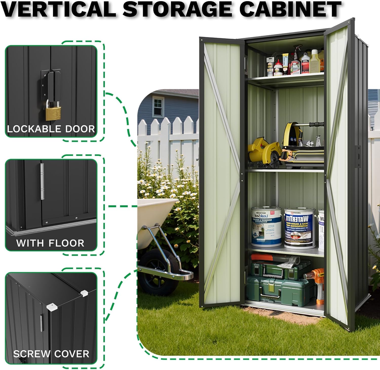 Patiowell 28 Cuft Outdoor Storage Cabinet with Lockable Door, Metal Storage Shed with 3 Adjustable Shelves, Indoor Outdoor Vertical Waterproof Tool Shed for Backyard Garden Patio Lawn, Black