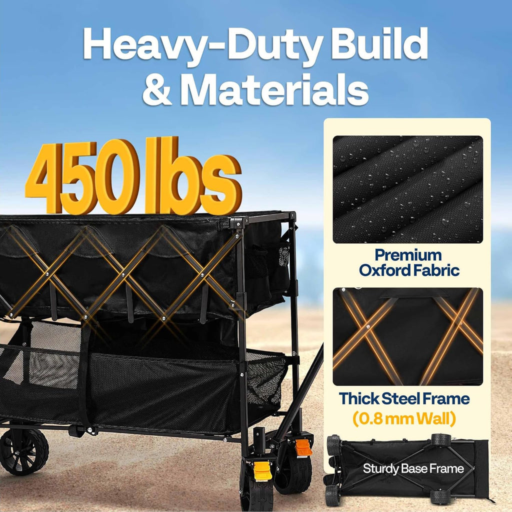 VIVOHOME 400L Large Capacity Double Decker Collapsible Wagon 500lbs Heavy Duty Utility Folding Cart with Big Wheels 53" Extended for Camping, Sports
