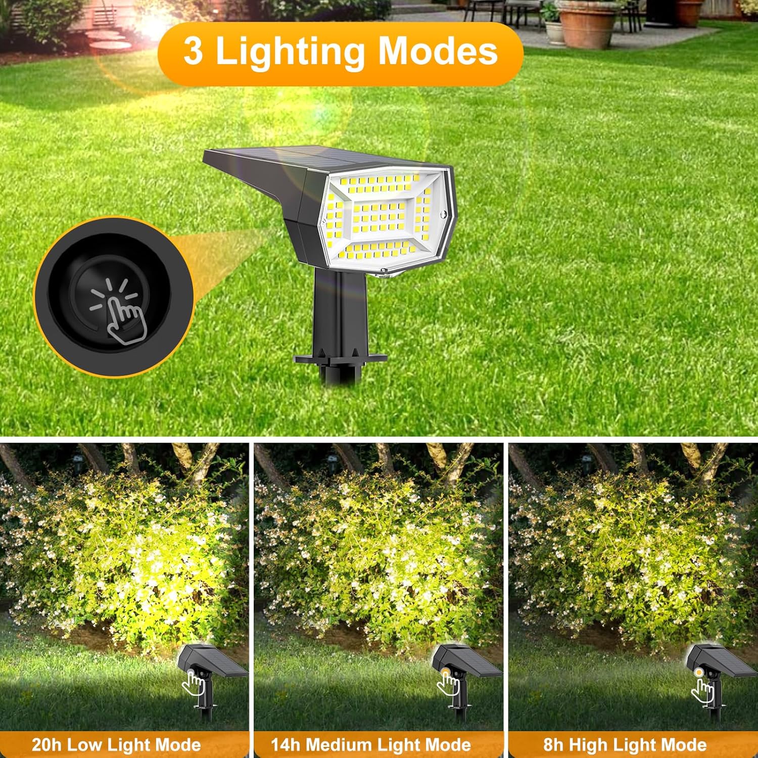 Fabrito 72 LEDs Solar Spot Lights Outdoor Waterproof, 3 Modes Landscape Spotlights, Dusk to Dawn Solar Powered Flood Wall Lights for Outside, Solar Garden Lights for Yard Porch 2 Pack (Warm White)
