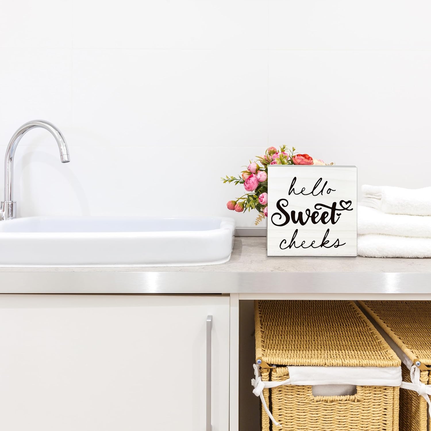 Hello Sweet Cheeks Wooden Sign - Funny White Block Plaque Desk Decoration - 5x5 inches Rustic Wood Block Gifts for Friends Family - Restroom Bathroom Toilet Tabletop Favors & Supplies-A08