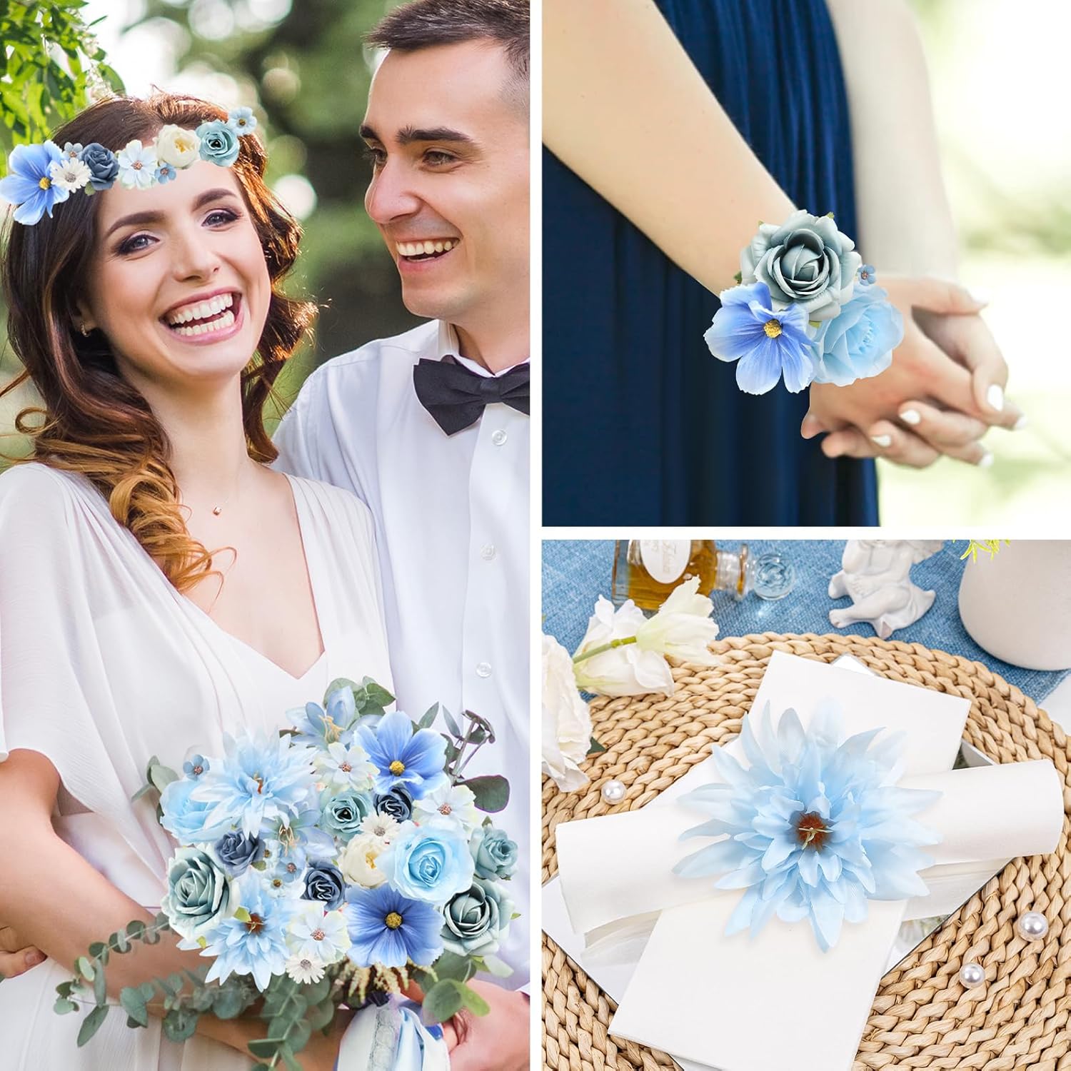 YYHUAWU Fake Flower Heads Mini Blue Artificial Flower Faux Dahlia Rose Flowers Multicolor Silk Daisy Flower Heads for Craft Garland Wedding Bridal Baby Shower Home Party Decoration DIY Cake Decor