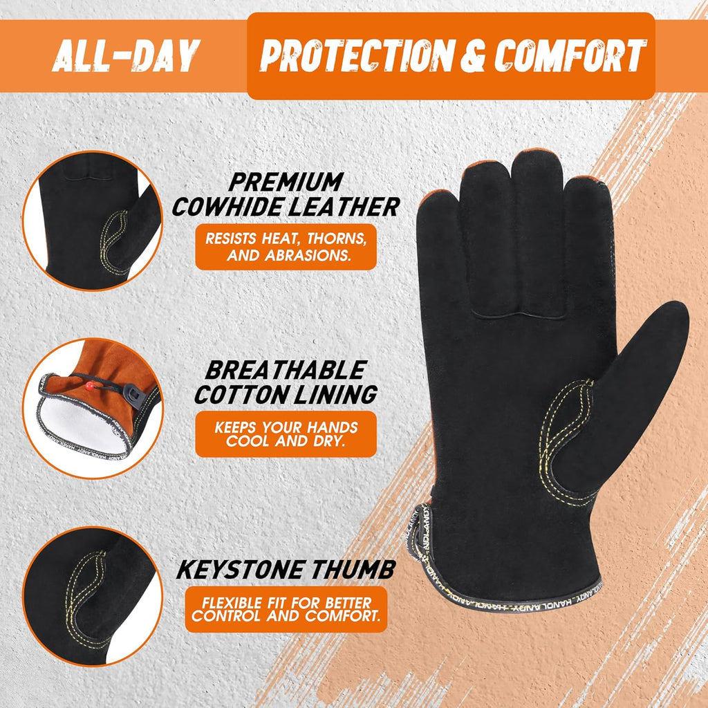 HLDD HANDLANDY Leather Work Gloves for Men & Women, Adjustable Wrist Cowhide Gardening Glove with Reinforced Palm for Driver
