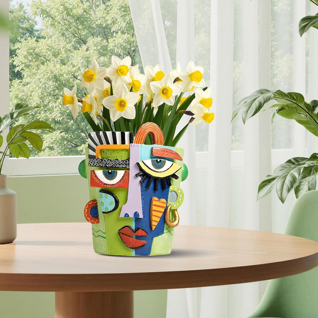 Picasso Abstract Face Planters Pots, Unique Abstract Flower Pot Head Planter Pot Ornaments Resin Brutalist Flowerpot with Drainage Hole for Indoor and Outdoor Plants Home Decor (Green, S)